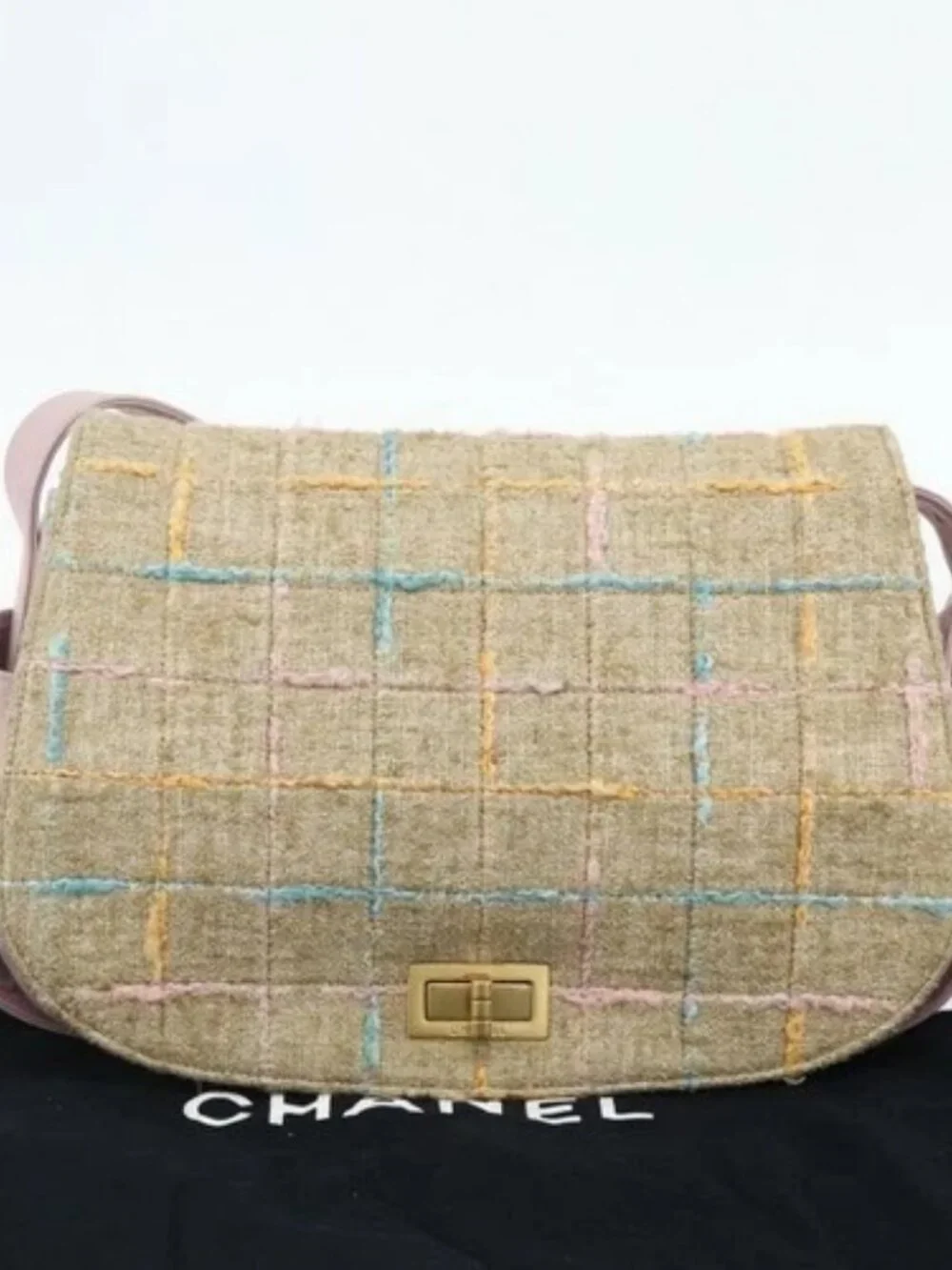 CHANEL 2.55 Shoulder Bag Tweed Pink Gold CC Auth 179020SAV